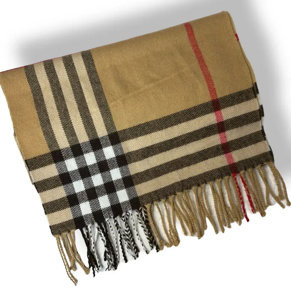 Tan Brown and Red Plaid Scarf with Fringe